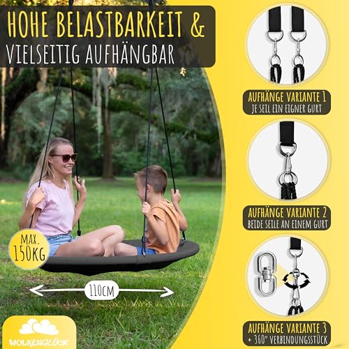 WOLKENGLÜCK® Nestschaukel [Ø 110 cm] - Höhenverstellbare Schaukel Outdoor & Indoor für Kinder und Erwachsene (max. 150 kg) - Tellerschaukel inkl. Montage-Zubehör [Grau]