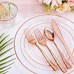 bUCLA 300PCS Rose Gold Plastic Dinnerware - Clear Dinnerware Set Disposable Include 50 Dinner Plates,50 Dessert Plates,50 Knives,50 Forks,50 Spoons,50 Cups for Party, Wedding & Valentines Day - Image 5