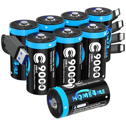 Home4me Rechargeable C Batteries 8-Pack with USB-C Charger