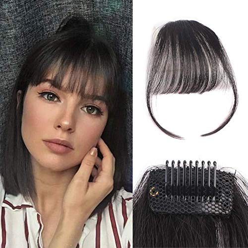 VIOLET Clip in Air Bangs 100% Remy Human Hair with Temples Hand Tied Thin Air Bangs Mini Human Hair Bangs Clip On Hairpiece Flat Fringe Bangs for Women(Black)