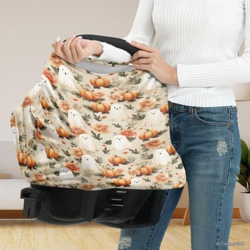 Image of Wanyint Stretchy Baby Car Seat Cover Carseat Canopy for Babies Universal Baby Breastfeeding Stroller High Chair Shopping Cart Cover Halloween Decor, Cute Ghost Pumpkin Floral