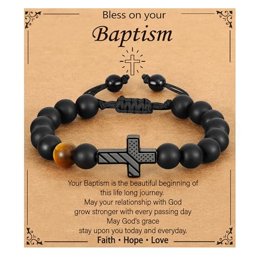 Image of P. BLAKE Cross Bracelet for Boys Men, American Flag Cross Natural Beads Bracelet Christian Religious Birthday Jewelry Gifts for Teen Boys