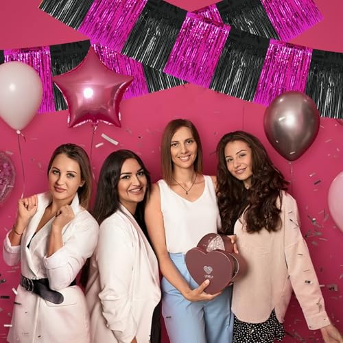 Image of BEISHIDA 3 Packs Metallic Foil Fringe Garland Black Hot Pink Wall Hanging Tinsel Fringe Banners for Car Floats Bridal Shower Wedding Birthday Graduation Holiday Party Decoration(30 Feet)