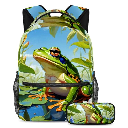 Cartable grenouille et fleur pour le primaire et le collège avec sa trousse assortie