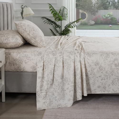 Image of Vintage Beige Floral Percale Sheets Full Size, Deep Pocket, 4Pcs | 100% Cotton Flower Leaf Sheet Set, Neutral Printed Farmhouse Bed Sheets, Luxury Designer Bedding, French Country, Soft Crisp