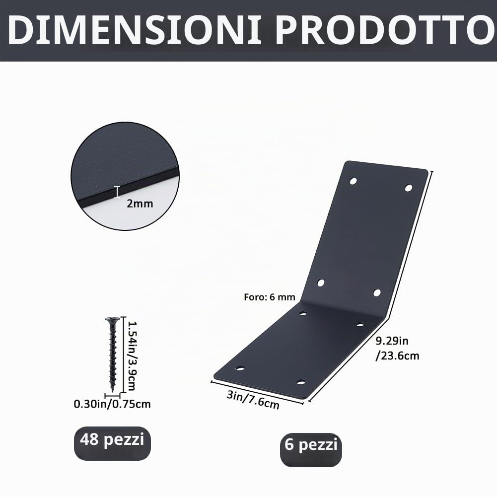 SUPERFINDINGS 6 staffe angolari a filo interno a 45 gradi, 23,6 x 7,6 cm, in ferro, 8 fori, con 48 viti, ginocchiere ad angolo nero per il fissaggio di mobili in legno per pergola