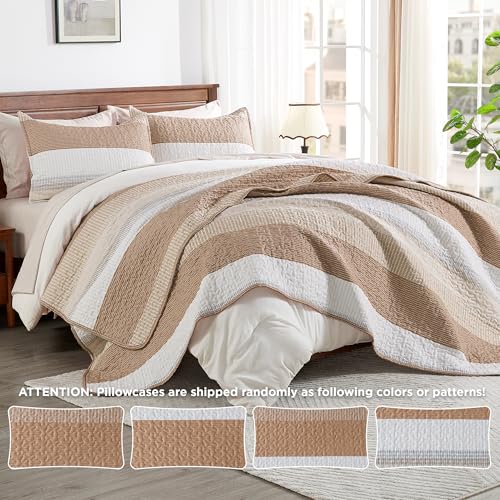 Image of Andency Taupe Striped Quilt Set Cal King(104x112Inch), 3 Pieces (1 Quilt and 2 Pillowcases) Patchwork Bedspread Coverlet Set, Soft Lightweight Quilted Bedding Set
