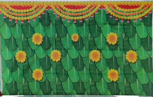 Image of varalakshmi Pooja Backdrop| Banana Leaf with Marigold Flower Decoration Cloth Wedding etc Events Decoration 8 X 5 Feet | Banana Leaf Backdrop Decorations Cloth | Backdrop Cloth for decorationss Pooja