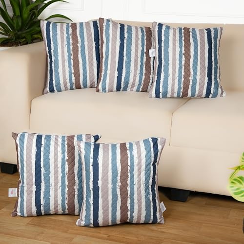 Image of STITCHNEST 'QuadraNest' Series Printed Quilted Velvet Cushion Cover 16x16 Inch Set of 5 | Premium Soft Fabric, Washable & Fade Resistant | Decorative Living Room Cushion Covers | Blue & Beige Striped