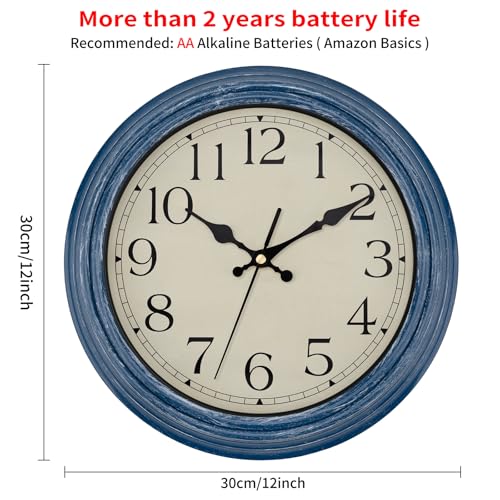 Image of Foxtop 12 Inch Wall Clocks Battery Operated Silent Non-Ticking Classic Vintage Retro Wall Clock Decorative for Office Living Room Kitchen Home (Blue)