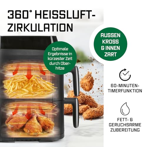 GOURMETmaxx FryUp Vertikale Doppelkammer Heißluftfritteuse XS | Airfryer mit MultiColour-LED-Touchdisplay | Heißluftfritteuse 2 Kammern, 5 L Volumen (2x2,5L) | Heissluftfritteuse Doppelkammer 2 Ebenen 4