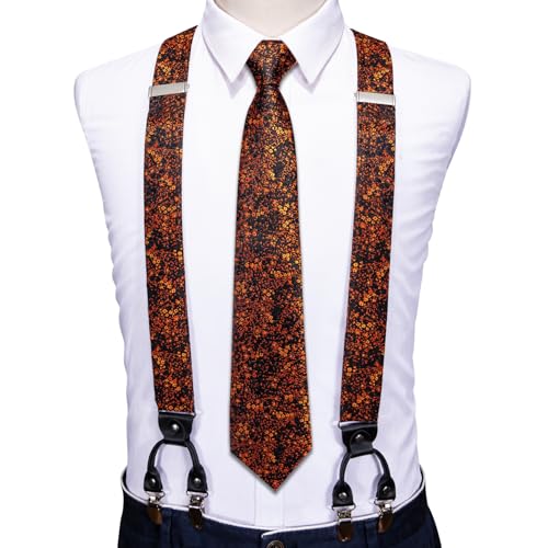 Image of Barry.Wang Men Suspender Set with Necktie Elastic Y Type Heavy Duty 6 Clips Braces Tie Handkerchief Cufflink Pin 6PCS