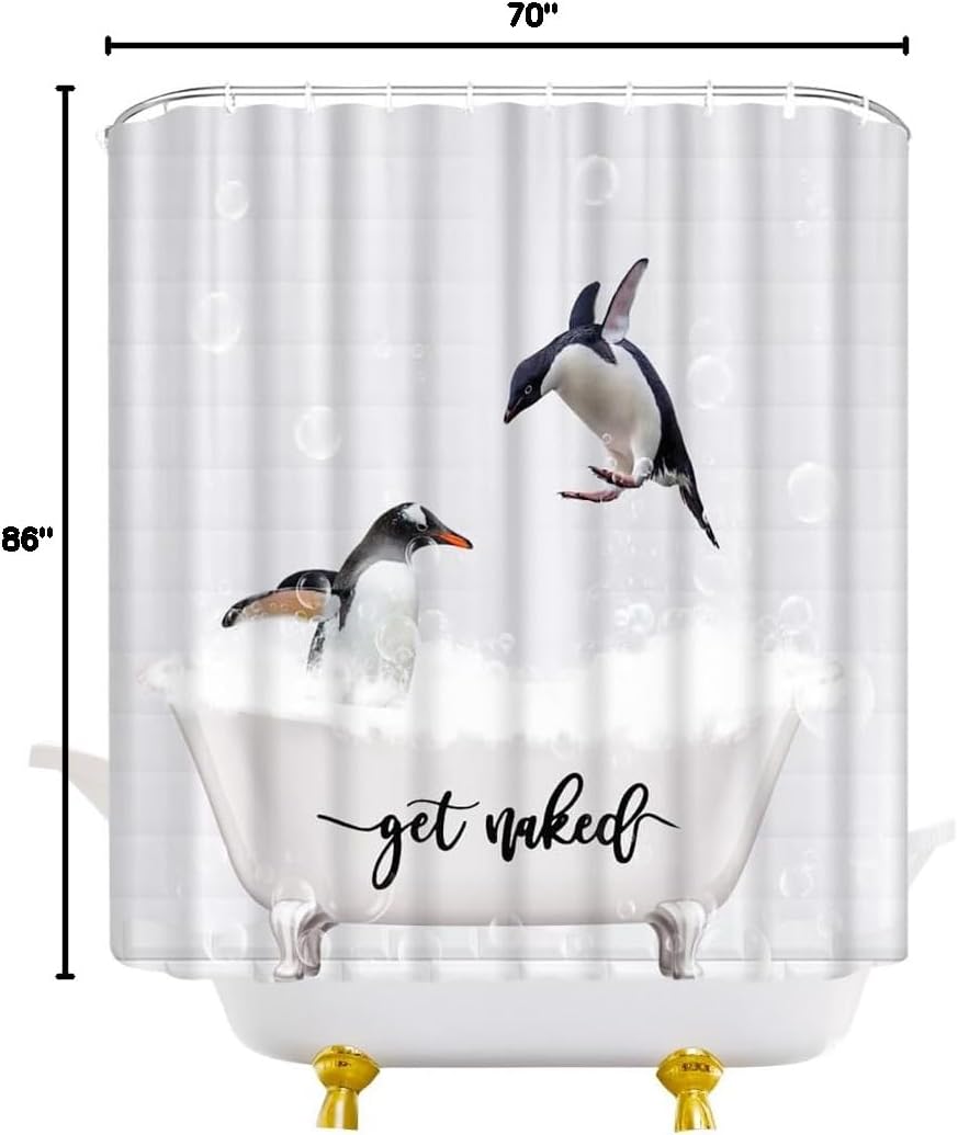 Funny Penguin Shower Curtain Cute Animal Bathtub White Modern Creative Fabric Bathroom Decor Curtains Set with Hooks, 86" Wx70 H