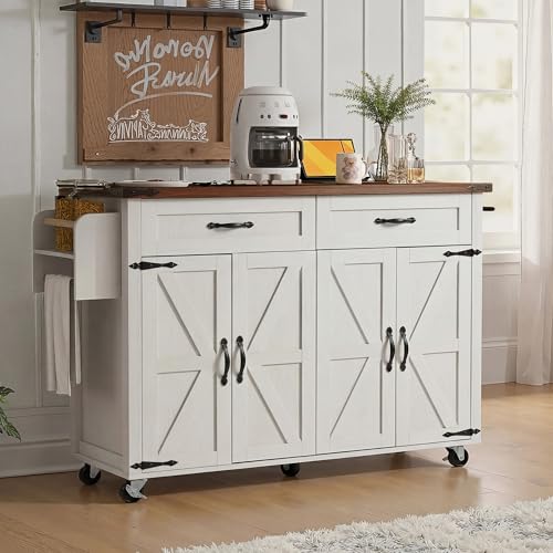 Amposei Farmhouse Rolling Kitchen Island Cart with Power Outlet, Drop Leaf Breakfast Bar, Wooden Mobile Storage Cabinet on Wheels with Drawers, Spice Rack & Adjustable Shelves (Retro White)