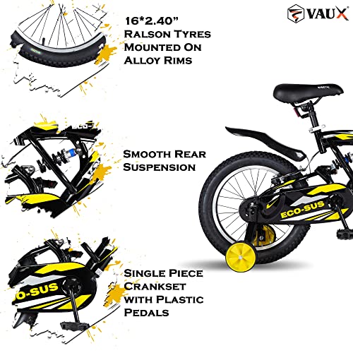 Image of Vaux Eco-Sus Kids Cycle for Boys 16 inch with Suspension for Age 4 to 6 Years, Bicycle for Kids with Steel Frame, Alloy Rims, 16x2.40 Tubular Tyres & V-Brakes, Ideal Height: 3.3ft to 3.9ft(Black)