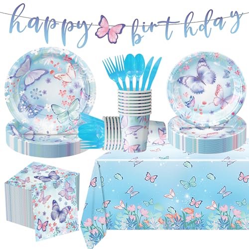 Butterfly Birthday Party Decorations, Party Supplies Disposable Paper Plates Napkins Cups Cutlery Tablecloth and Banner for Girl Butterfly Party Decorations, Serves 24 (Blue)