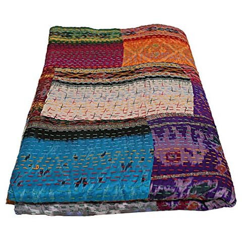 Indian King Silk Patola Patchwork Kantha Quilt Bedspreads Throw Blanket Multi Color Bohemian Bedspread Bohemian Bedding Handmade Kantha Quilt King Size 108 X 108 Inch Quilt Patch Quilt Bed Cover Cover