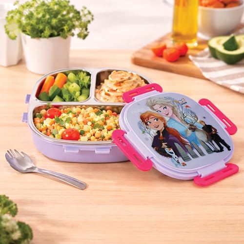 Image of SKi Homeware Baker Insulated 3 Grid Bento Lunch Box With Stainless Steel Inner And A Steel Spoon- Frozen, 450Ml (character style may vary)