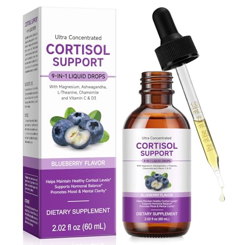 Cortisol Support 9-In-1 Liquid Drops weniger Stress mehr Fokus und Gelassenheit - Ashwagandha Magnesium L-Theanin Vitamin C und Vitamin D3 für das Hormongleichgewicht 60ml (1)