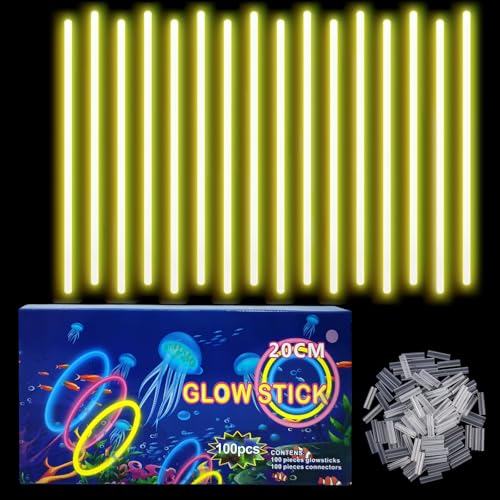 COSORO 100 Barras Luminosas,Pulseras Fluorescentes y 100 Conectores,Neon Kits para Crear Collares Accesorios,Amarillo Varillas Brillantes para,Fiesta,Nochevieja,Navidad,Boda,Cumpleaños,Halloween