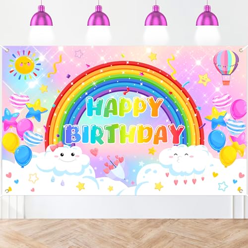 Avezano Rainbow Happy Birthday Banner Colorful Rainbow Birthday Backdrop Rainbow Birthday Decorations for Girls Sky Cloud Rainbow Birthday Party Supplies for Kids 70.8x43.4
