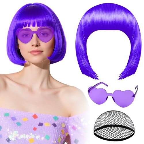 PLULON Dark Purple Bob Wig with Heart Glasses Hair Cap Neon Color Party Wig