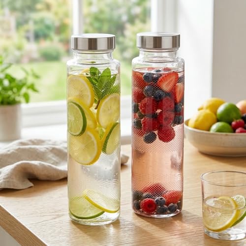 Image of CROCO JAR Transparent Milk, Water and Juice Glass Bottle with Leak-Proof,Beverage Glasses with Air Tight Lid (Pack of 2, 750 ml)