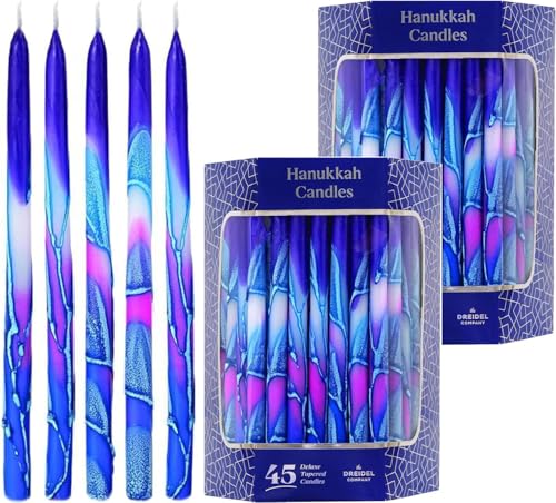 The Dreidel Company - Dripless Hanukkah Candles Multi Splash, Premium Tapered Hand Decorated (Pack of 2) - Blue and Pink