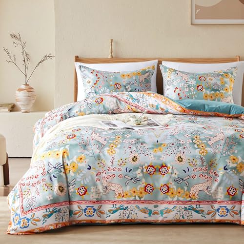 Cupocupa Bohemian King Duvet Cover Set, Vintage Floral Animal Print Bedding with...