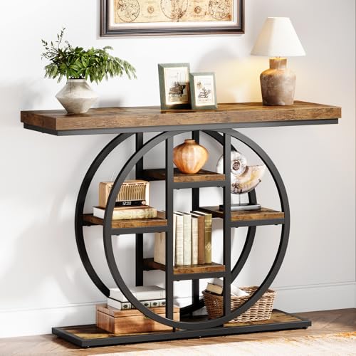 41" Console Table for Entryway, 4-Tier Industrial Narrow Wood Sofa Accent Tables with Circle Storage Shelves for Living Room, Hallway, Foyer (Rustic Brown)