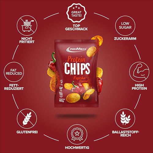 IronMaxx High Protein Chips – Paprika 60g | Low Carb, Glutenfrei & Zuckerarm | Knuspriger Eiweiß-Snack