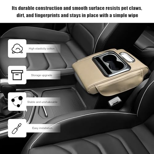 YTFRL Car Center Console Armrest Pillow, Leather Arm Rest Cover Pad with 2 Storage Pockets Cup Holder & Phone Slot, Soft Middle Console Cushion Protector for Most Vehicles (Beige, Normal) by YTFRL - Used condition - Image 4