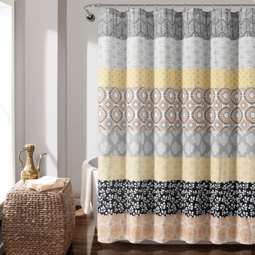 Image of Lush Decor Bohemian Stripe Shower Curtain, 72 inch W x 72 inch L, Yellow & Gray - Bathroom Curtain - Striped Shower Curtain - Boho Decor - Fabric Shower Curtains (Pack of 6)