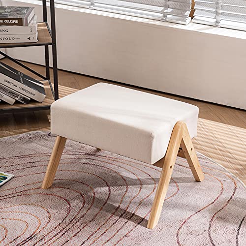 Image of VINGLI Mid Century Ottoman, Upholstered Linen Footstool Wooden Foot Rest Small Foot Bench, Retro Footstool for Living Room, Biege