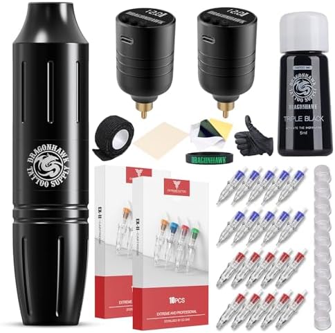 Dragonhawk Wireless Tattoo Gun Kit Rotary Pen with 2 Replaceable Batteries 20Pcs Needles Practice Skin Complete Cartridge Supplies for Long Sessions Work