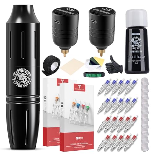 Dragonhawk Wireless Tattoo Gun Kit Rotary Pen with 2 Replaceable Batteries 20Pcs Needles Practice Skin Complete Cartridge Supplies for Long Sessions Work