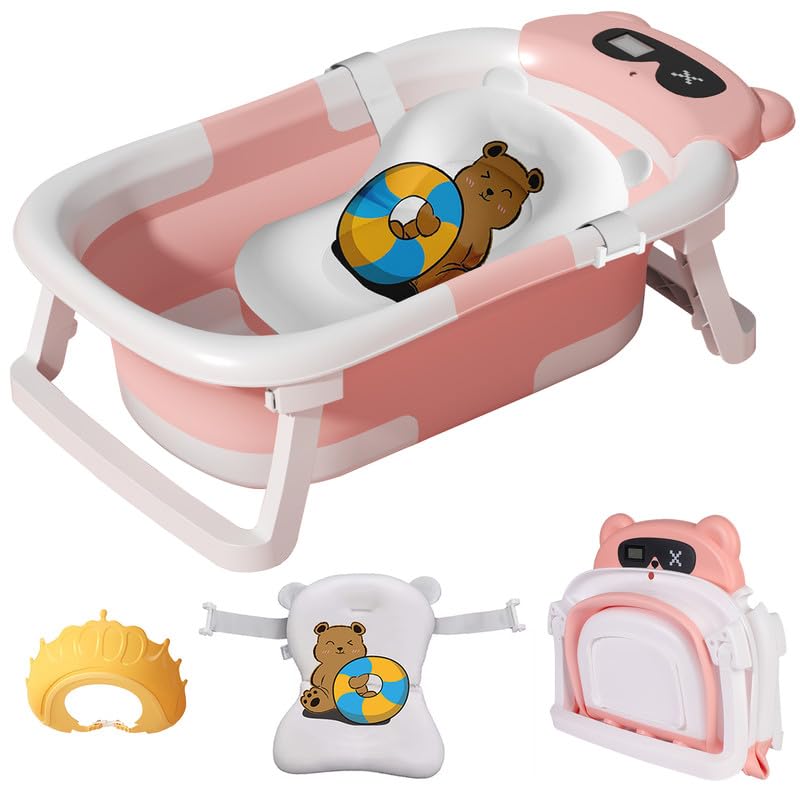 Mingfuxin Baby Bathtub Foldable, Collapsible Baby Bathtub Newborn to Toddler, Portable Travel Baby Bath Tub with Real-time Temp Monitor Floating Cushion Shower Cap for Travel