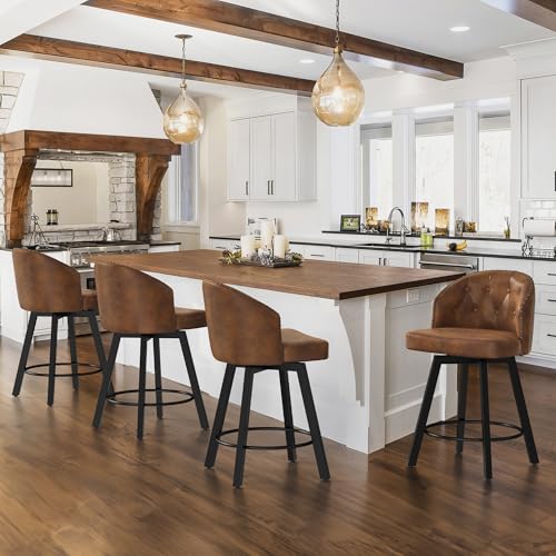 Cozyman Counter Height Bar Stools Set of 4, 26" Swivel Faux Leather Upholstered Bar Stools with Backs and Metal Legs, Retro Counter Stools for Kitchen Island, Dining Room, Pub, Brown
