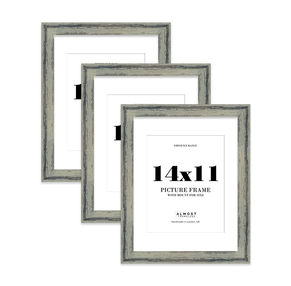 14x11" Distressed Green Picture Frame with 10x8" Mount - Weathered Photo Frame with Distressed Finish, Wall Hooks and Kickstand, 32mm Edge - 3 Pack