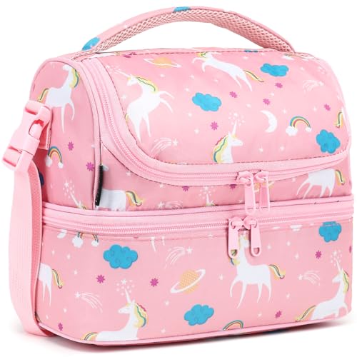 FlowFly Kids Double Decker Cooler Insulated Lunch Bag Large Tote for Boys, Girls, Men, Women, With Adjustable Strap, Unicorn