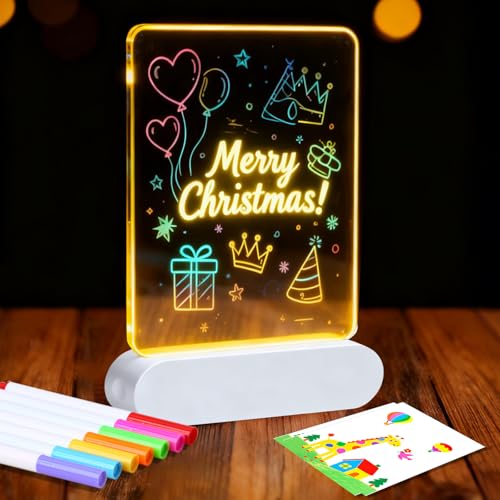 LgowithU Tablero de dibujo LED, 22 x 15 cm, tablero de dibujo LED luminoso, luz nocturna para niños, borrable, pizarra acrílica con 7 colores de bolígrafo, 4 modos de iluminación, regalo creativo para