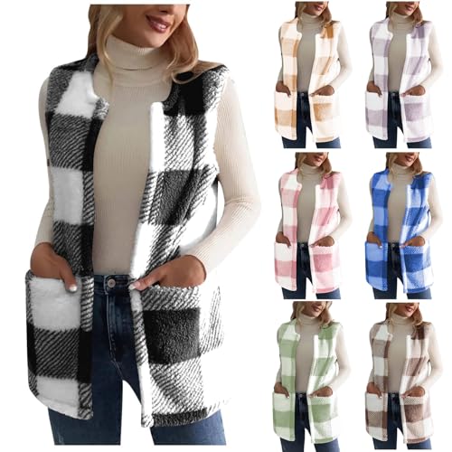Fall Flannel Plaid Vest For Women Trendy Sleeveless Button Down Long Jackets Casual Winter Checkered Shacket Coat