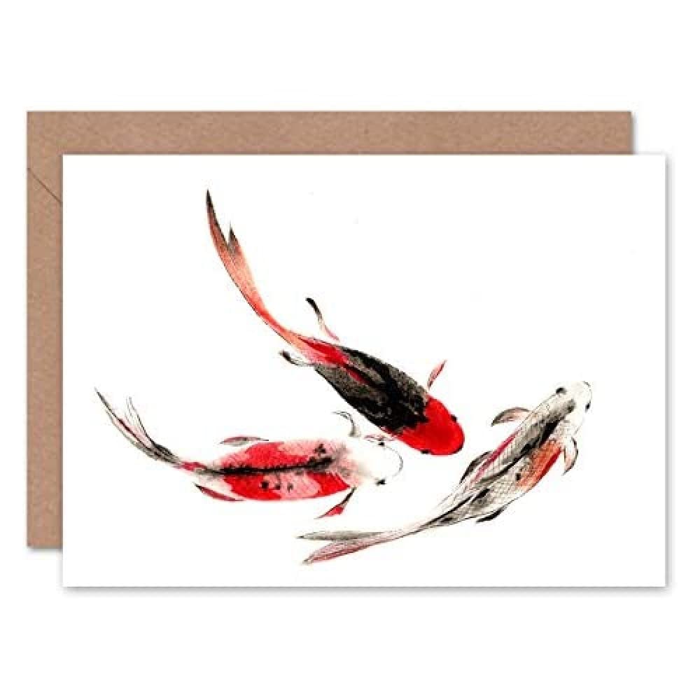 Wee Blue Coo Red|Black|Beige|Yellow Japanese Koi Fish Black And Red Greeting Card With Envelope Inside Premium Quality