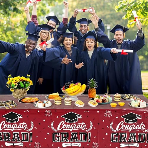 Image of Graduation Decorations 2026 - 3 PCS Maroon Graduation Tablecloths,Plastic Disposable Smoked Red Congrats Grad Table Cover for College PhD Party Decorations Class of 2026 Party Supplies,51.2x86.6inch