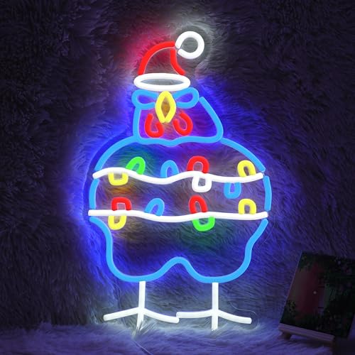 Image of GNVETZLL Chicken Christmas Neon Sign Santa Hat Neon Light Sign Merry Christmas Rooster Neon Light for New Year Party Living Room Club Decoration(16.54 * 10.43In)
