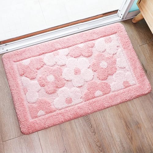 Calkkrer Rosa Blumen Mikrofaser Tapis de Bain Antidérapant avec Dos en TPR, Doux Peluche à Poils Longs pour Salle de Bain, Tapis de Douche Absorbant 40 * 60...