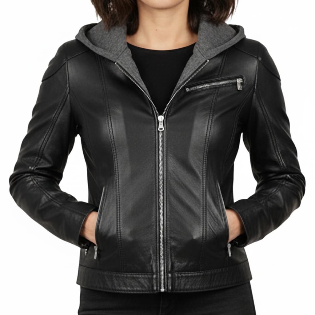 Leatherick Chaqueta Victoire de piel de cordero auténtica para mujer con capucha extraíble negra, cremalleras plateadas de primera calidad y bolsillos funcionales.