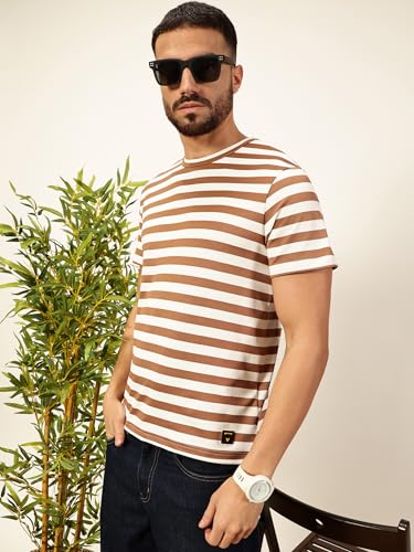 Image of Thomas Scott Men's | Striped | Half Sleeve | Regular Fit | Poly Elastane | Round Neck | Casual Tshirt