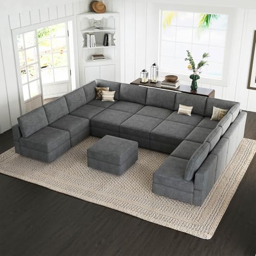 Belffin Modular Sectional Sofa Convertible 15 Seats Couches, U Shaped Modular Couch with Storage Chaise Sectional Couch for Living Room, Dark Grey