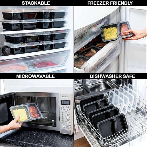 Image of (20 Pack, 32oz) 2 Compartment Plastic Meal Prep Containers - Reusable BPA Free Food Containers with Airtight Lids - Microwavable, Freezer and Dishwasher Safe